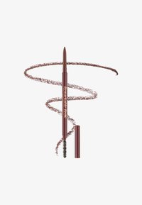 Crayon à sourcils marron avec une pointe fine, accompagné d'une brosse en spirale. Comprend un capuchon et des marques de crayon éparpillées dans une couleur assortie.