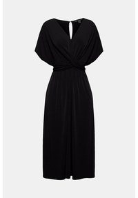 Robe noire enveloppante avec des manches chauve-souris courtes, un col en V profond et un détail de dos en trou de serrure. Fabriquée dans un tissu doux et lisse avec une silhouette fluide.