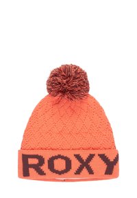 Orange knitted beanie with brown pom-pom and "ROXY" text on the folded cuff in bold brown letters.