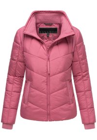 Pink, quilted jacket with a high collar, zip front, and ribbed cuffs. Features angled seams and a logo detail on the pocket.