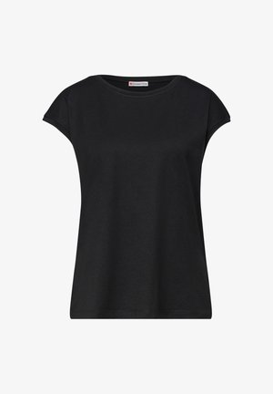 Czarna damska koszulka z krótkim rękawem i okrągłym dekoltem, prosty fason oraz metka marki Street One wewnątrz kołnierza.