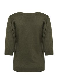 Mörkgrön stickad tröja med trekvartslånga puffärmar och ribbade muddarna och nederkant, visad bakifr ån mot en vit bakgrund.