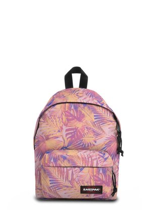 Sac à dos avec un motif de feuilles tropicales roses, violettes et jaunes, poignée noire, poche avant zippée et logo Eastpak sur la poche.
