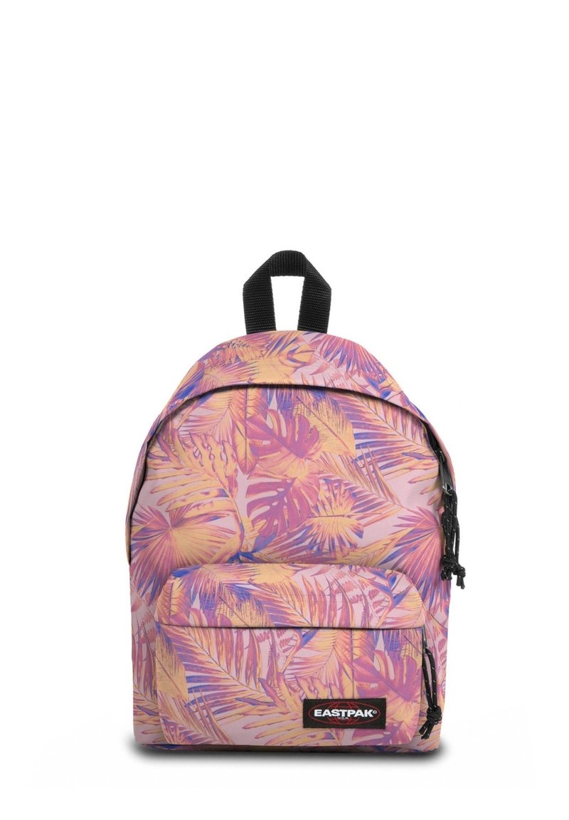 Sac à dos avec un motif de feuilles tropicales roses, violettes et jaunes, poignée noire, poche avant zippée et logo Eastpak sur la poche.