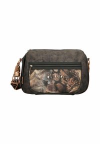 Braune synthetische Umhängetasche mit strukturierter Oberfläche, ausgestattet mit einer vorderen Reißverschlusstasche mit floralem Design und metallischen Akzenten.