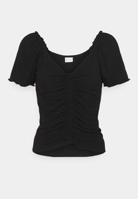 Black ribbed top with a fitted design, short puff sleeves, deep V-neck, and gathered detailing at the front and bottom edges.