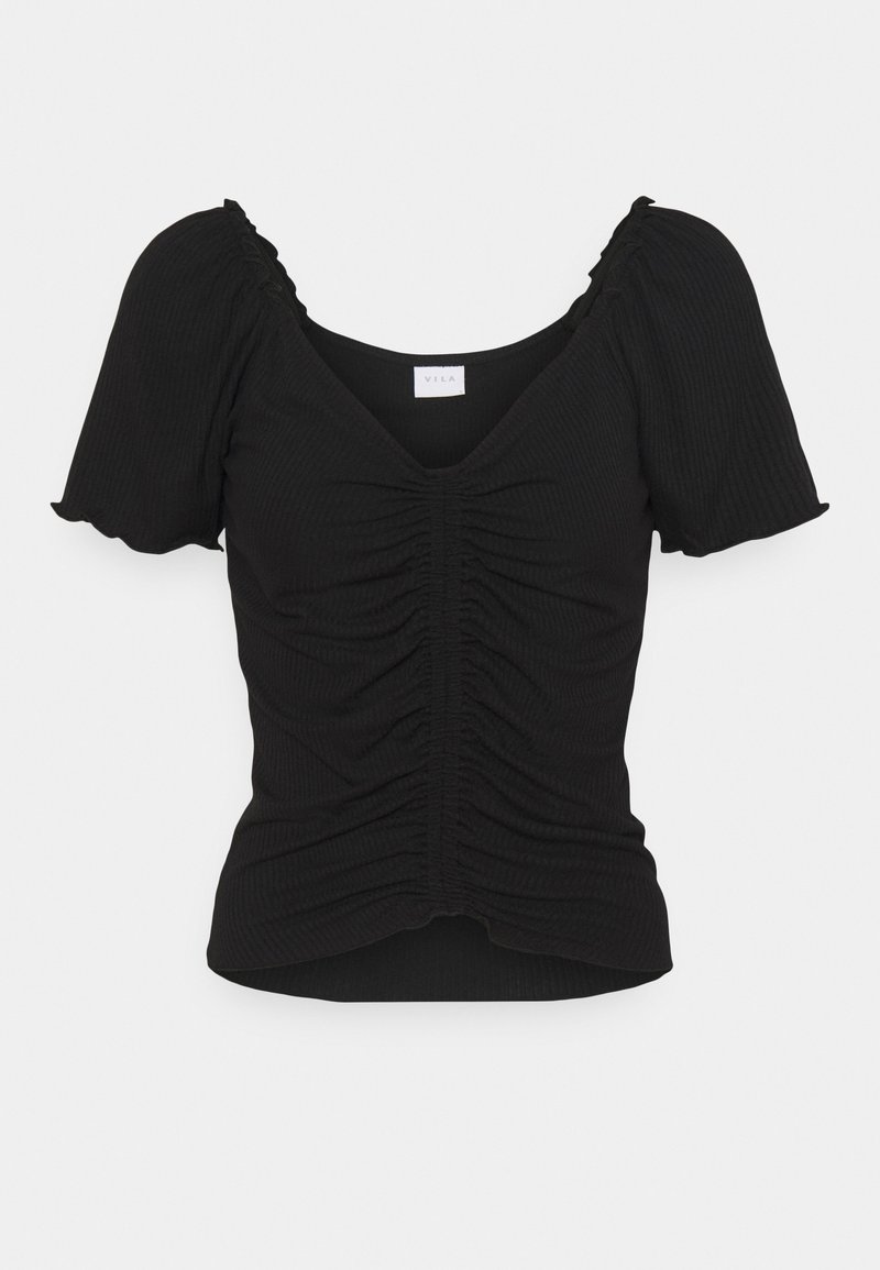 Black ribbed top with a fitted design, short puff sleeves, deep V-neck, and gathered detailing at the front and bottom edges.