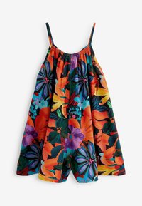 Mono de estampado floral con vibrantes tonos de naranja, púrpura y verde. Presenta tirantes finos y un elástico fruncido alrededor del escote.