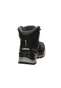 Black hiking boot with mesh and synthetic upper, featuring light blue accents and a rubber sole with a rugged tread pattern.