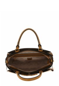Borsa nera e marrone con esterno in morbida ecopelle, tasca interna con cerniera e fodera con motivo a logo. Presenta doppi manici arrotondati.