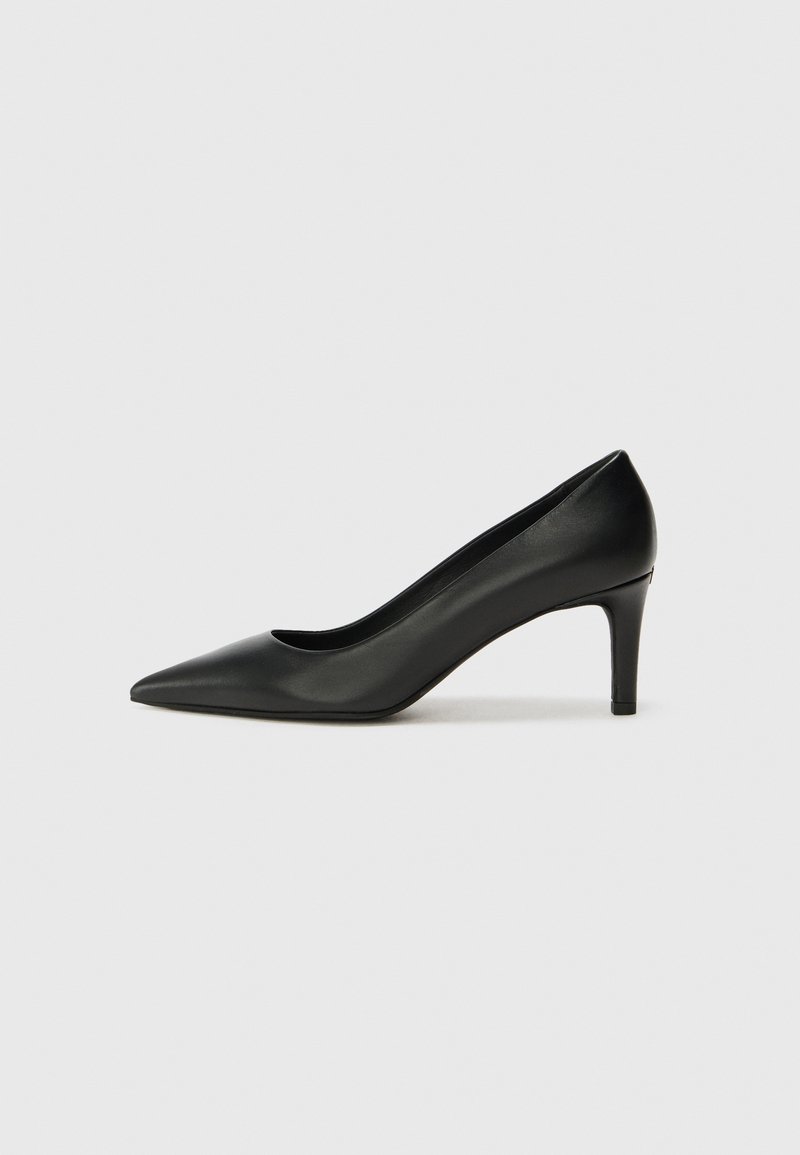 Black leather high-heeled pumps with a pointed toe, smooth texture, and a slim stiletto heel. Simple design, no visible patterns or accents.