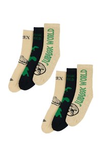 Drei Paar Socken: beige mit grüner "Jurassic World"-Aufschrift, schwarz mit Dinosauriergrafiken, Baumwollmischung, Knöchellänge.
