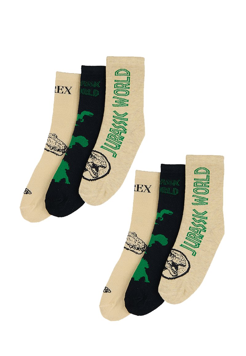 Drei Paar Socken: beige mit grüner "Jurassic World"-Aufschrift, schwarz mit Dinosauriergrafiken, Baumwollmischung, Knöchellänge.