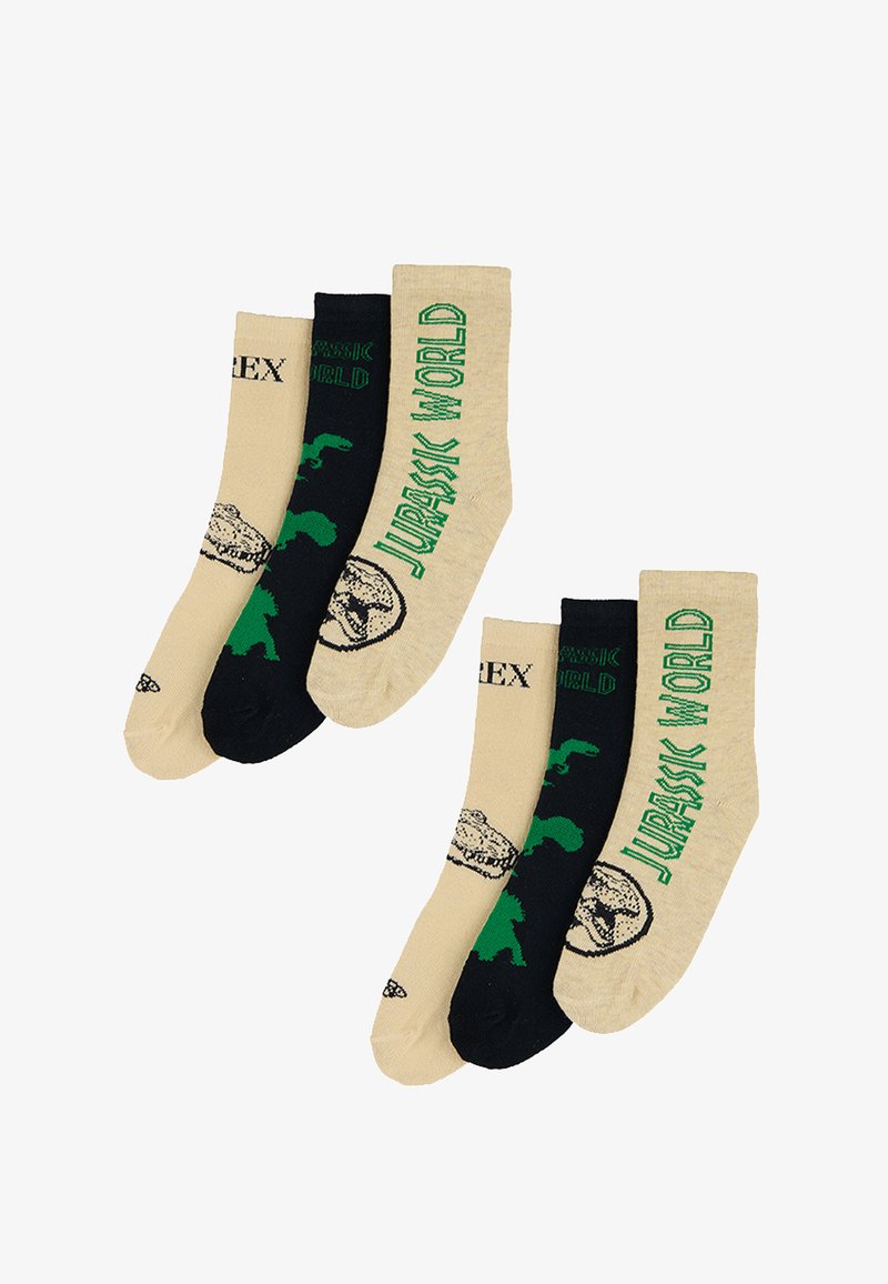 Tre paia di calze: beige con testo verde "Jurassic World", nere con grafiche di dinosauri, in misto cotone, lunghezza a metà polpaccio.