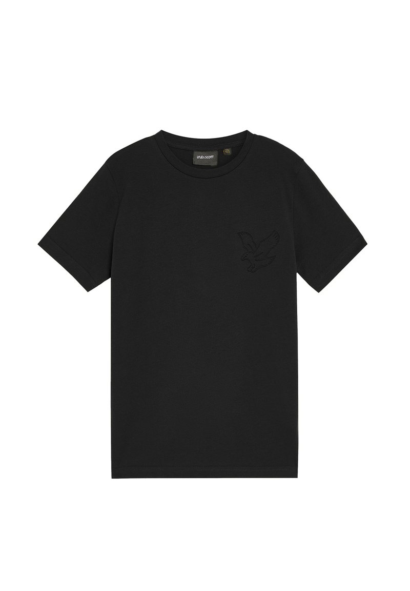 Sort bomulds T-shirt med korte ærmer, rund halsudskæring, med et præget ørnedesign på venstre bryst. Glat tekstur, klassisk pasform.