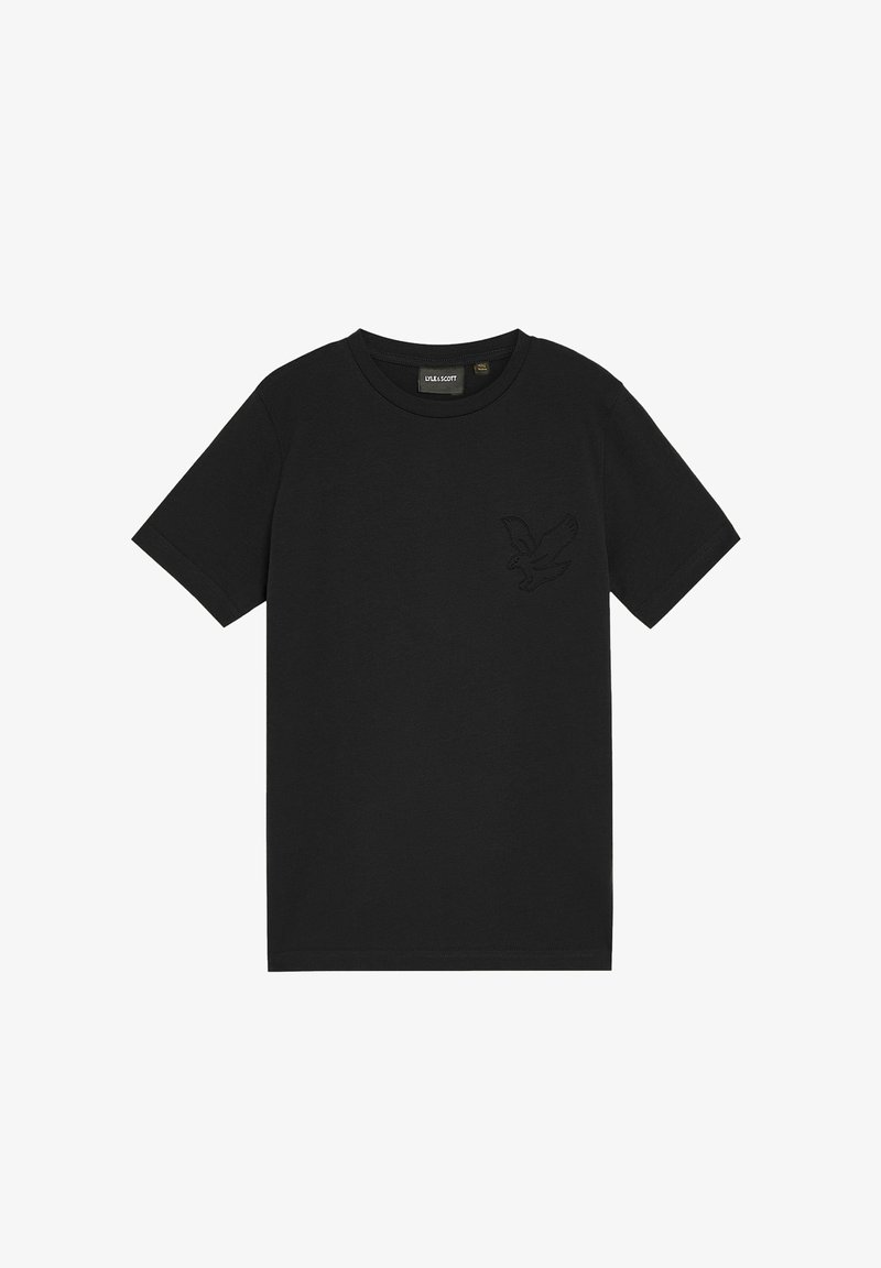 Zwarte katoenen t-shirt met korte mouwen, ronde hals, met een reliëf ontwerp van een adelaar op de linkerborst. Gladde textuur, klassieke pasvorm.