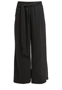 Pantalon large noir en tissu léger, avec un détail de taille nouée et une texture lisse.