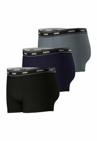 Trois paires de boxers pour hommes en noir, bleu marine et gris clair. Chacune présente une ceinture noire avec un branding "ATHENA" en blanc et des accents à pois.