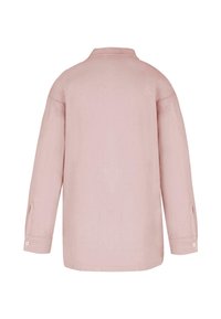 Rosa Leinenhemd mit Kragen und langen Ärmeln. Verfügt über geknöpfte Manschetten und einen lässigen Schnitt mit glatter Textur.