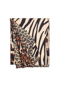 Sciarpa con stampa animale in tonalità miste di beige, nero e marrone; presenta motivi di zebra e leopardo con bordi frangiati e una texture morbida.