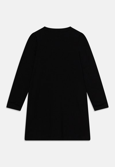 Tunika nera a maniche lunghe con scollatura rotonda, caratterizzata da una texture morbida e una vestibilità comoda e rilassata, progettata per offrire comfort e versatilità.