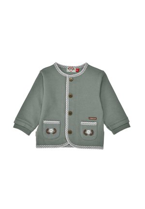 Grüne Babystrickjacke mit vier Knöpfen, zwei Vordertaschen, verziert mit Blumenstickerei, und grauem Besatz an Kanten und Bündchen.