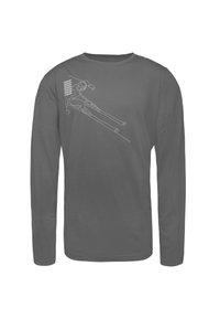 Grå långärmad t-shirt med en vit grafik av en skidåkare i rörelse, som framhäver dynamiska linjer och minimalt med detaljer.