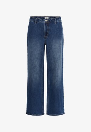 Keskmise sinise värvusega sirged denim püksid kõrge vöökohaga, nööbiga sulgemine, vöölused ja kerged pleekimise jäljed reitel ja põlvedel.