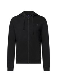 Černá mikina s kapsou a zipem, vyrobená z měkké látky, s kapucí na zavázání, žebrovanými manžetami a malým logem na hrudi.