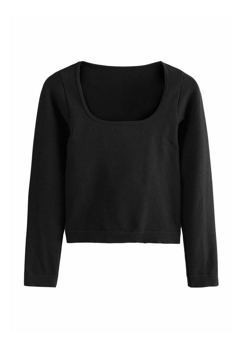 Schwarzes, geripptes Longsleeve-Oberteil mit weitem quadratischem Ausschnitt und verkürztem Schnitt. Der Stoff ist weich und leicht dehnbar, was den Komfort erhöht.
