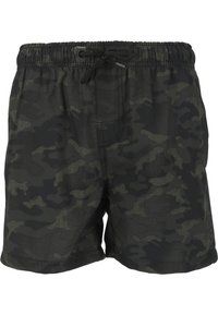 Mustat ja harmaat camouflage-uimashortsit, joissa on joustava vyötärönauha, säädettävä nyöri ja sileä kangastekstuuri.