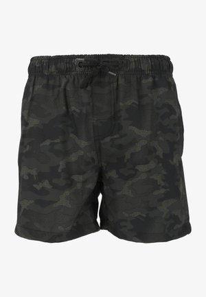 Maillots de bain camouflage noir et vert foncé avec une taille élastique, une fermeture à cordon et un léger motif texturé.