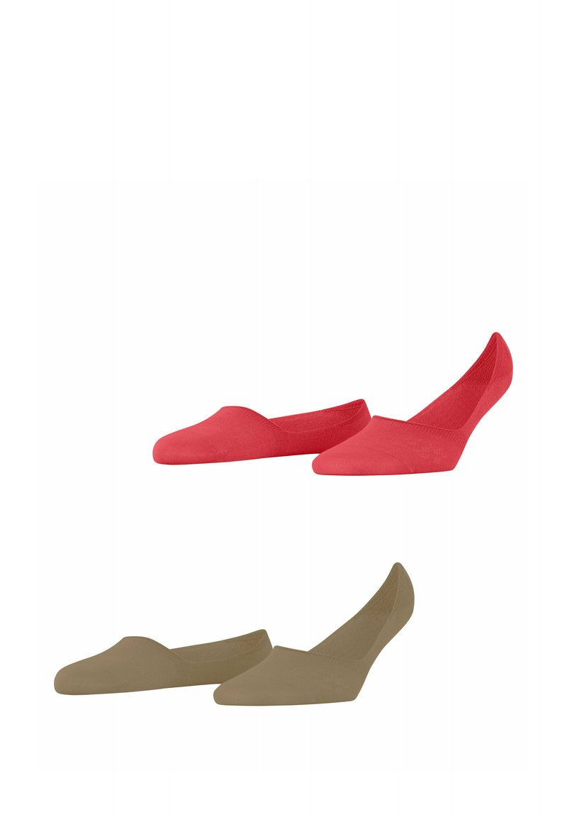 Rode en kaki instap schoenen met gesloten neus, een gladde textuur, minimalistisch ontwerp en een laag profiel.