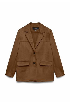 Blazer en daim marron avec revers crantés, fermeture à double bouton et deux poches avant. Texture lisse et design minimaliste.