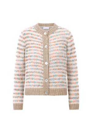 Multicolored cardigan with a textured knit design. Features a beige collar and front placket with large buttons. Soft, cozy fabric.