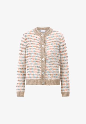 Pestrý cardigan s texturovaným pleteným vzorem. Má béžový límec a přední zapínání s velkými knoflíky. Měkká, útulná tkanina.
