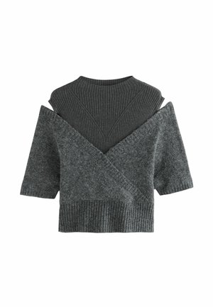 Gray short-sleeve sweater with a V-neck design. Features a ribbed texture on the upper section and a soft, woven look on the lower part.