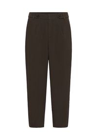 Pantaloni maro, croiți, cu o croială ajustată, având două pliuri în față și două decoruri cu nasturi la talie. Textură netedă și lungime până la gleznă.