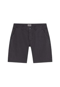 Pantalones cortos de algodón gris con un corte recto, pasadores para cinturón, dos bolsillos laterales y un único bolsillo trasero. Cierre con botón y cremallera.