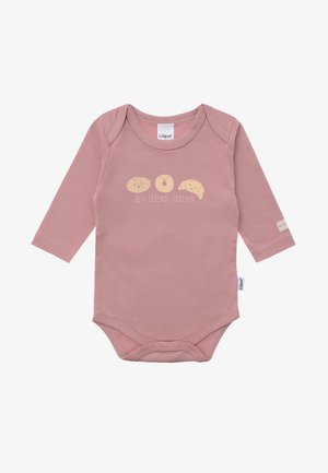 Long-sleeve pink onesie made of soft fabric, featuring three cartoon baked goods and the text "Best Friends Forever" in beige.