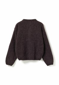 Dark brown fuzzy knit sweater with long sleeves, ribbed cuffs, hem, and collar, shown from the back on a white background.