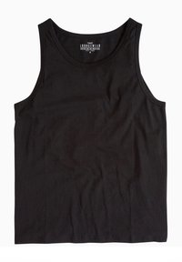 Schwarzes Baumwoll-Tanktop mit rundem Halsausschnitt und weiten Armausschnitten. Der Stoff ist glatt, der Schnitt lässig und der Saum gerade.