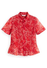 Chemise rouge à manches courtes avec un motif floral blanc, design col, texture plissée et fermeture à boutons sur le devant. Tissu léger.