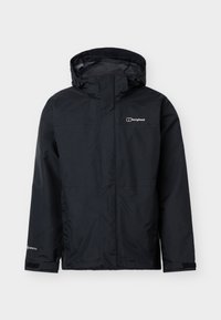 Veste noire imperméable Berghaus avec capuche, fermeture éclair avant protégée par un rabat coupe-vent et poignets ajustables avec bandes Velcro.