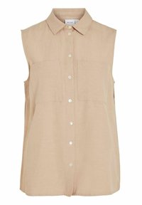 Chemise sans manches beige en lin, avec un col, une fermeture à boutons à l'avant et deux poches poitrine, au toucher lisse.