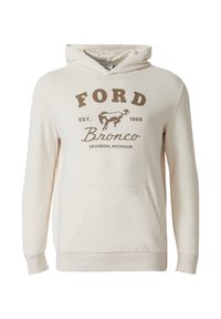 Kremowa bluza z kapturem, ozdobiona brązowym wzorem graficznym z napisem "FORD" i "Bronco", z przednią kieszenią.