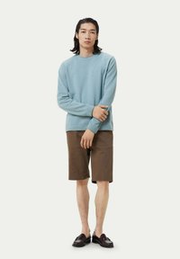 Helles blaues Sweatshirt mit langen Ärmeln, kombiniert mit braunen Shorts und dunklen Slippers. Glatte Textur, schlichtes Design und entspannte Passform.