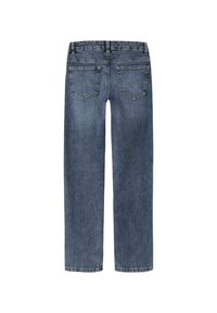 Jeans en denim bleu foncé, coupe droite. Présentent une taille traditionnelle, cinq poches et un léger délavage sur le tissu.