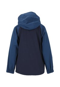 Marineblå jakke med en mørkere rygpanel, justerbar hætte, elastiske cuffs og en glat, vandafvisende tekstur.