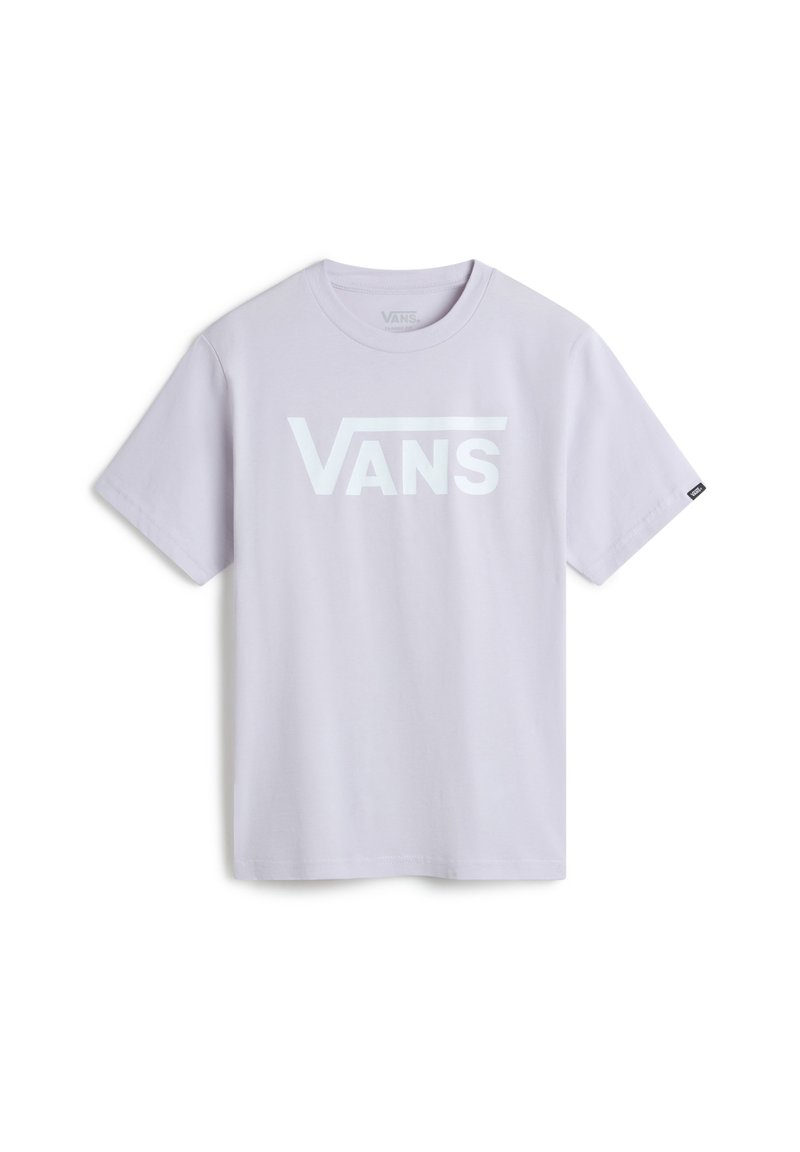 Jasnofioletowy bawełniany t-shirt z dużym białym logo "VANS" na przodzie, krótkie rękawy i okrągły dekolt.